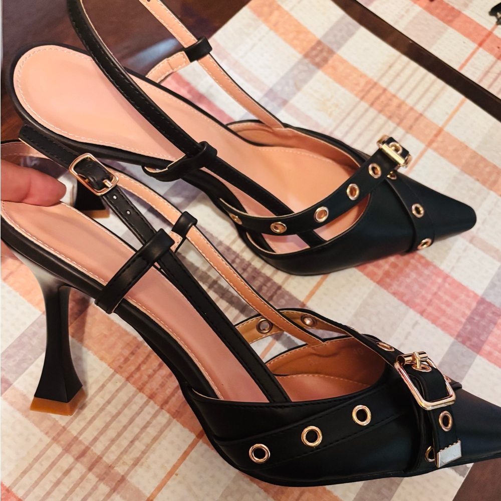 Black Gold-Accent Pointed Slingback Heels